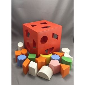 Vintage 1970s Child Guidance Plastic Red Cube Shape Sorter -17 Shape pieces